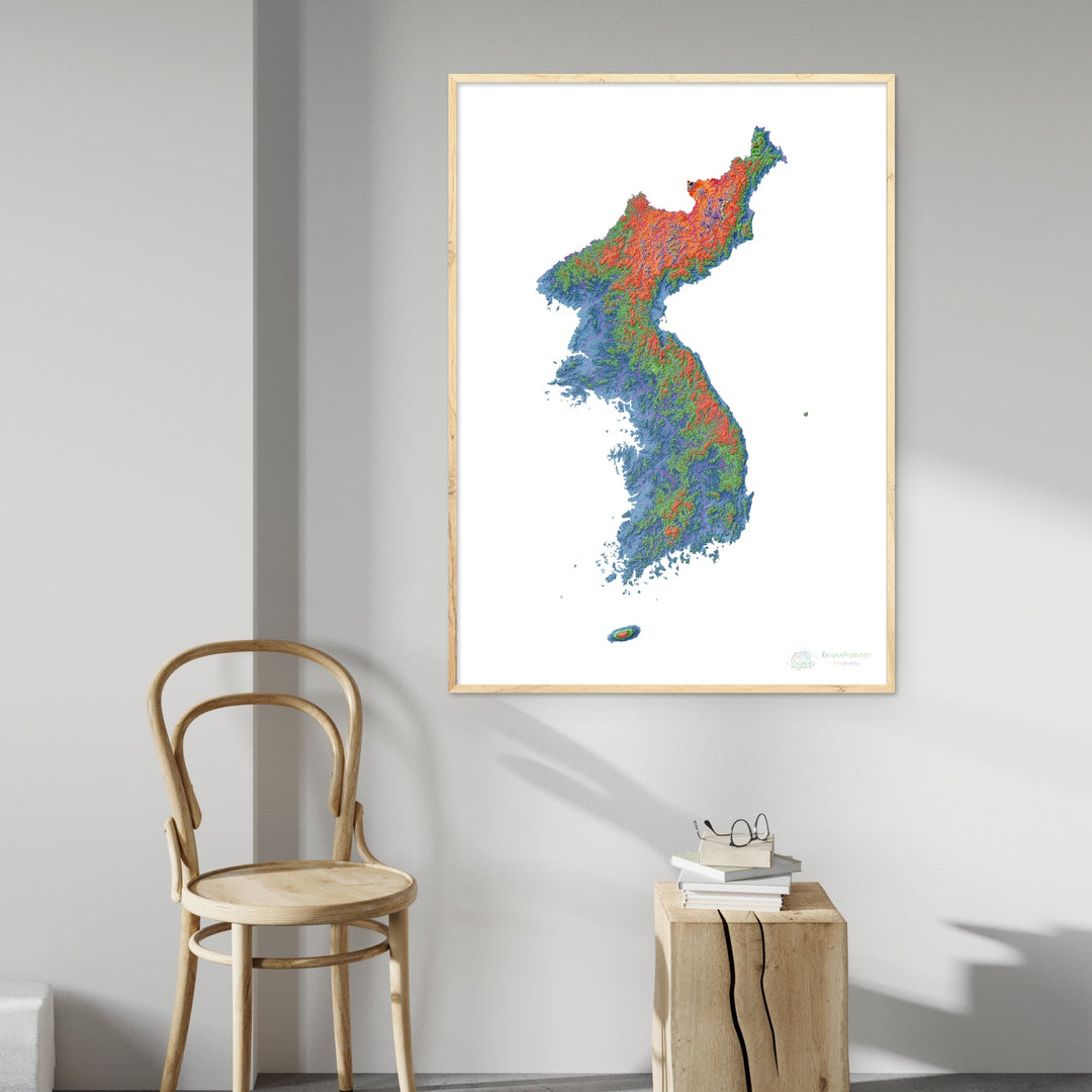 Corea - Mapa de elevación, blanco - Impresión de Bellas Artes