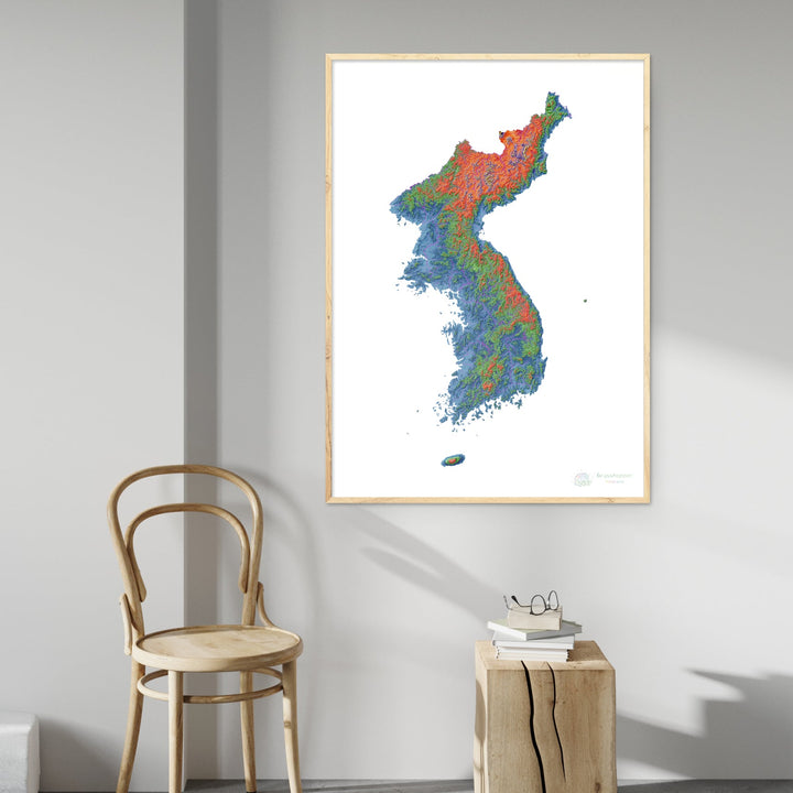 Corea - Mapa de elevación, blanco - Impresión de Bellas Artes