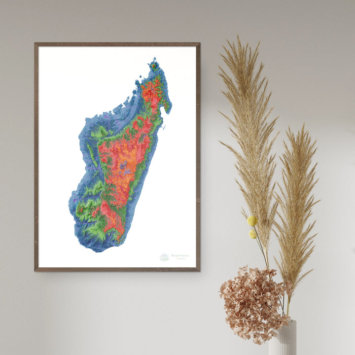 Madagascar - Mapa de elevación, blanco - Impresión de Bellas Artes