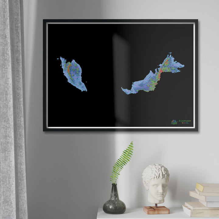 Малайзия - Карта высот, черная - Fine Art Print