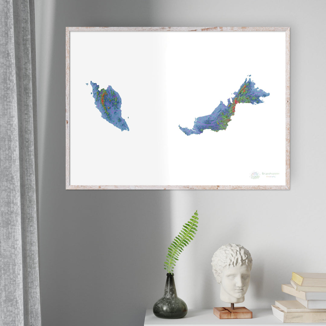 Малайзия - Карта высот, белая - Fine Art Print
