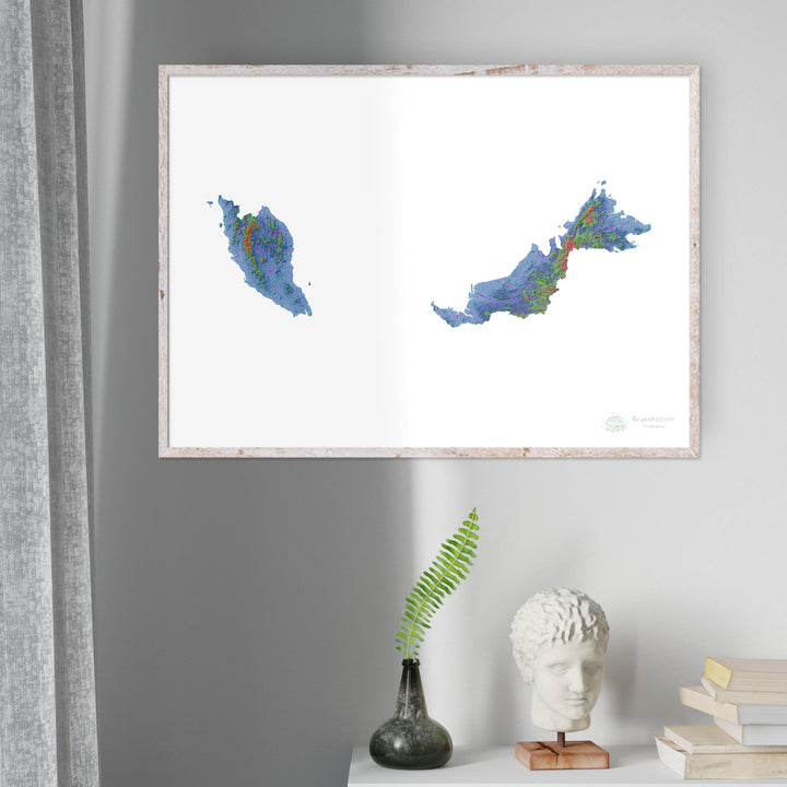 Малайзия - Карта высот, белая - Fine Art Print