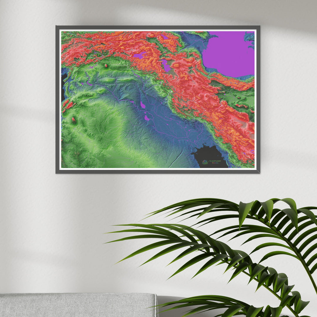 Mesopotamia - Mapa de elevación, negro - Impresión de Bellas Artes