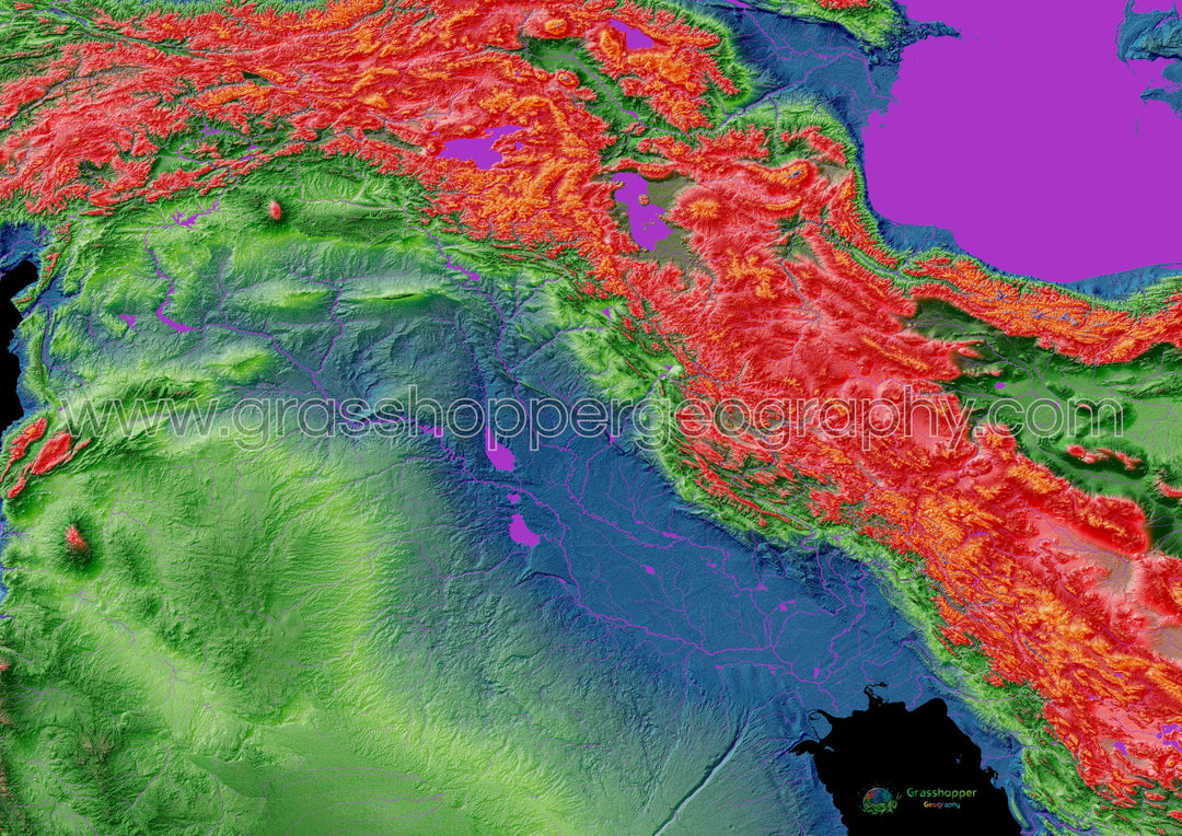 Mesopotamia - Mapa de elevación, negro - Impresión de Bellas Artes