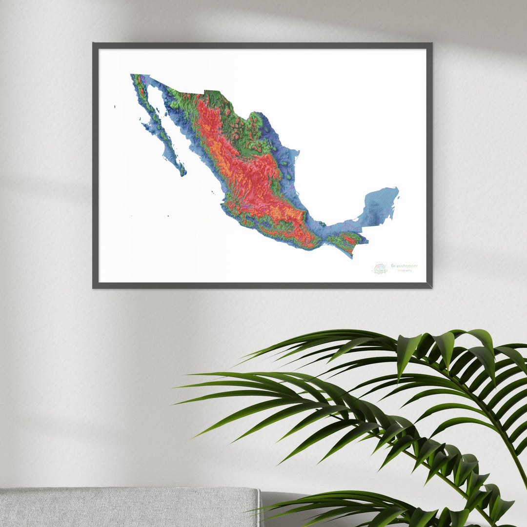 Мексика - Карта высот, белая - Fine Art Print