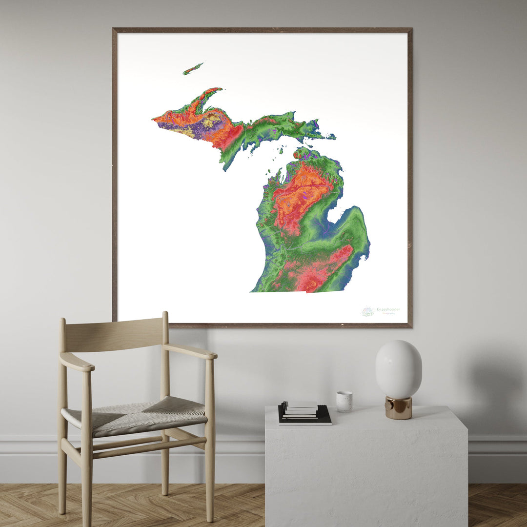 Michigan - Elevation map, white 48x48 - Fine Art Print