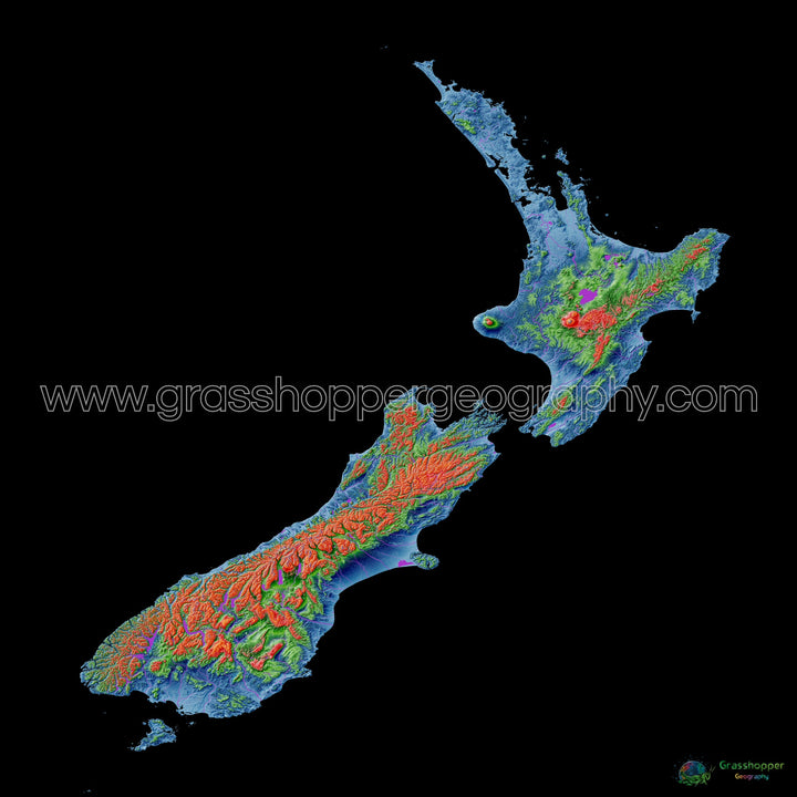 Nueva Zelanda - Mapa de elevación, negro - Impresión de Bellas Artes