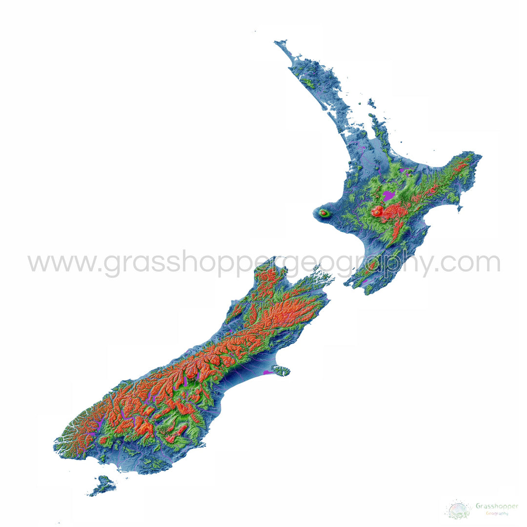 Nueva Zelanda - Mapa de elevación, blanco - Impresión de Bellas Artes