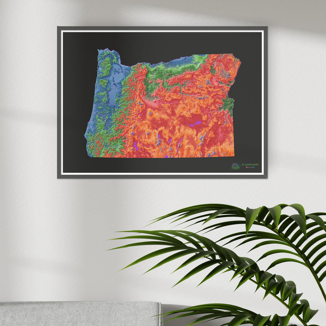 Oregon - Mapa de elevação, preto - Impressão de belas artes