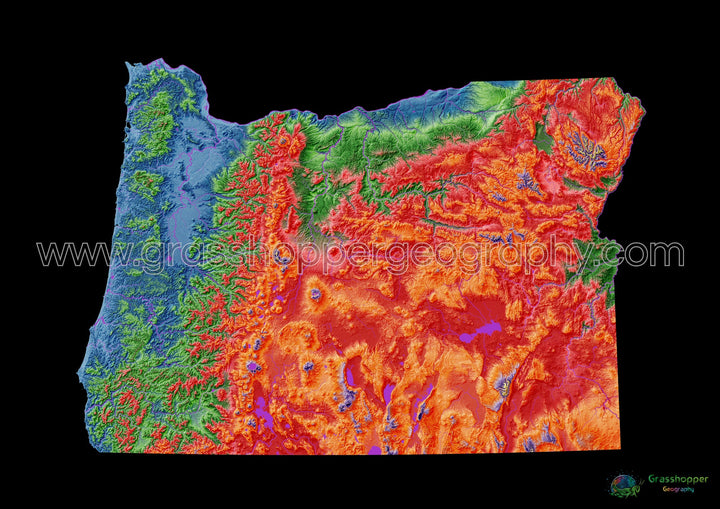 Oregon - Mapa de elevação, preto - Impressão de belas artes