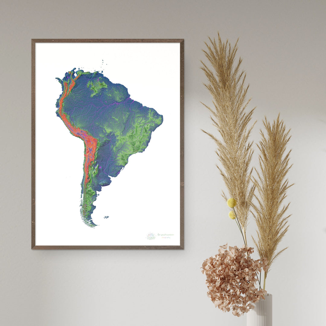 South America - Elevation map, white - Fine Art Print