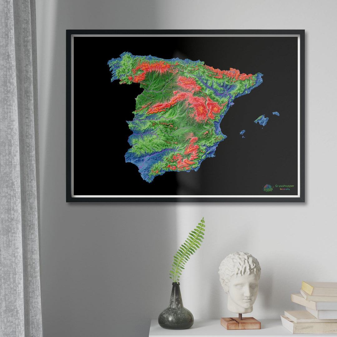 Испания - Карта высот, черная - Fine Art Print