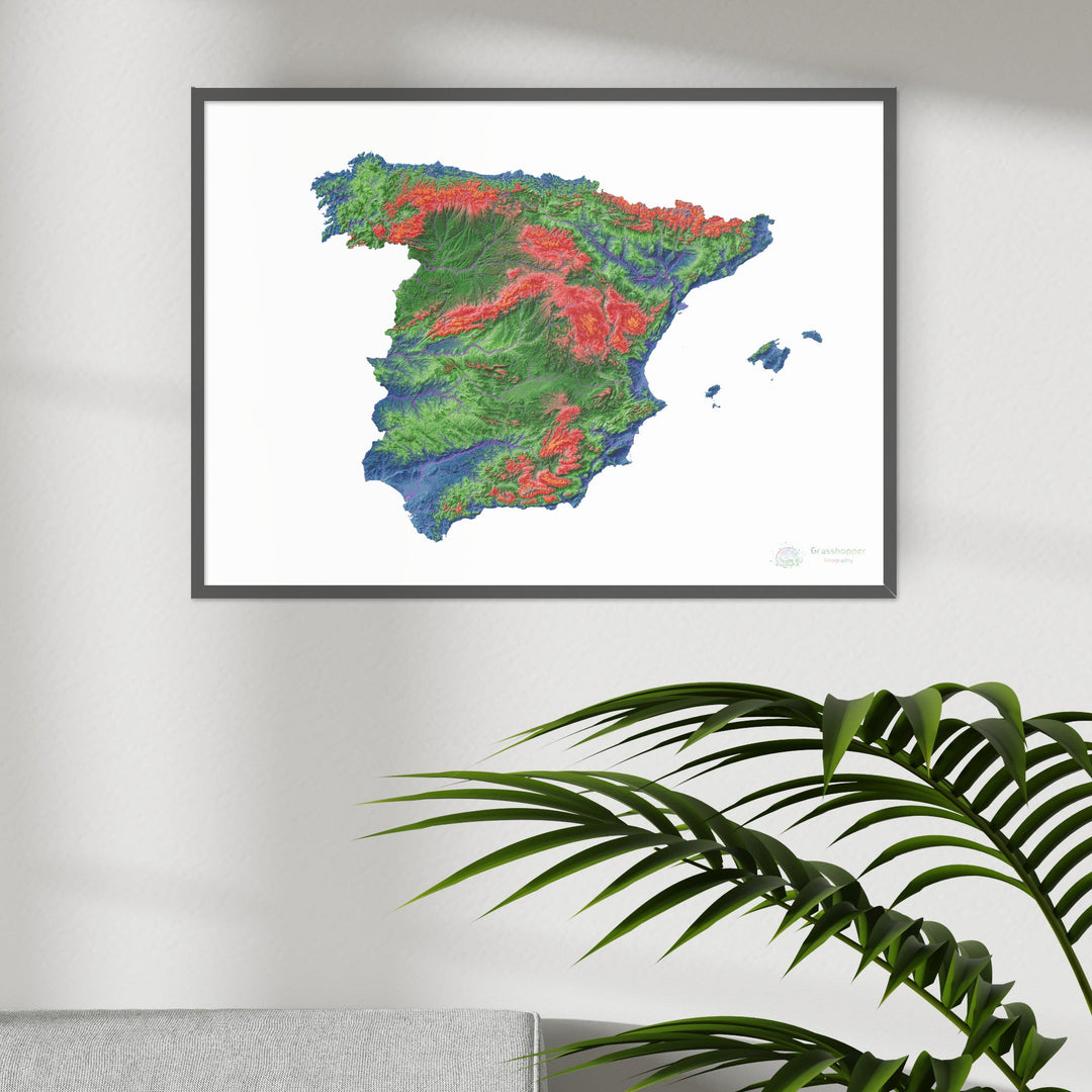 Испания - Карта высот, белая - Fine Art Print