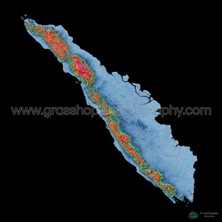 Sumatra - Mapa de elevación, negro - Impresión de Bellas Artes