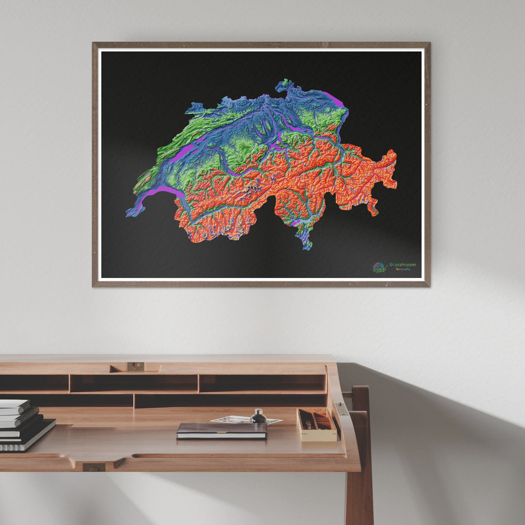 Швейцария - Карта высот, черная - Fine Art Print