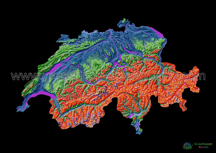 Швейцария - Карта высот, черная - Fine Art Print