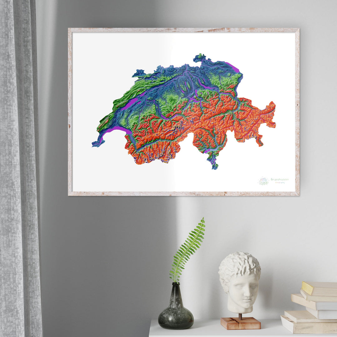Швейцария - Карта высот, белая - Fine Art Print