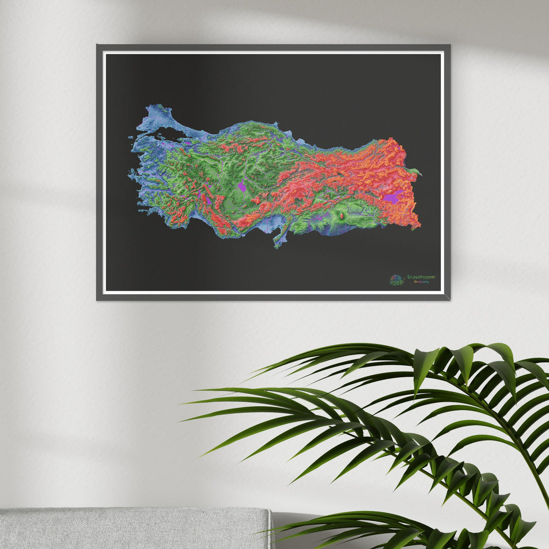 Turquia - Mapa de elevação, preto - Impressão de belas artes