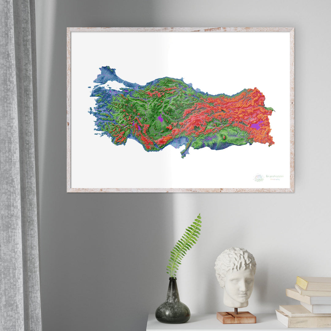 Turquia - Mapa de elevação, branco - Impressão de belas artes