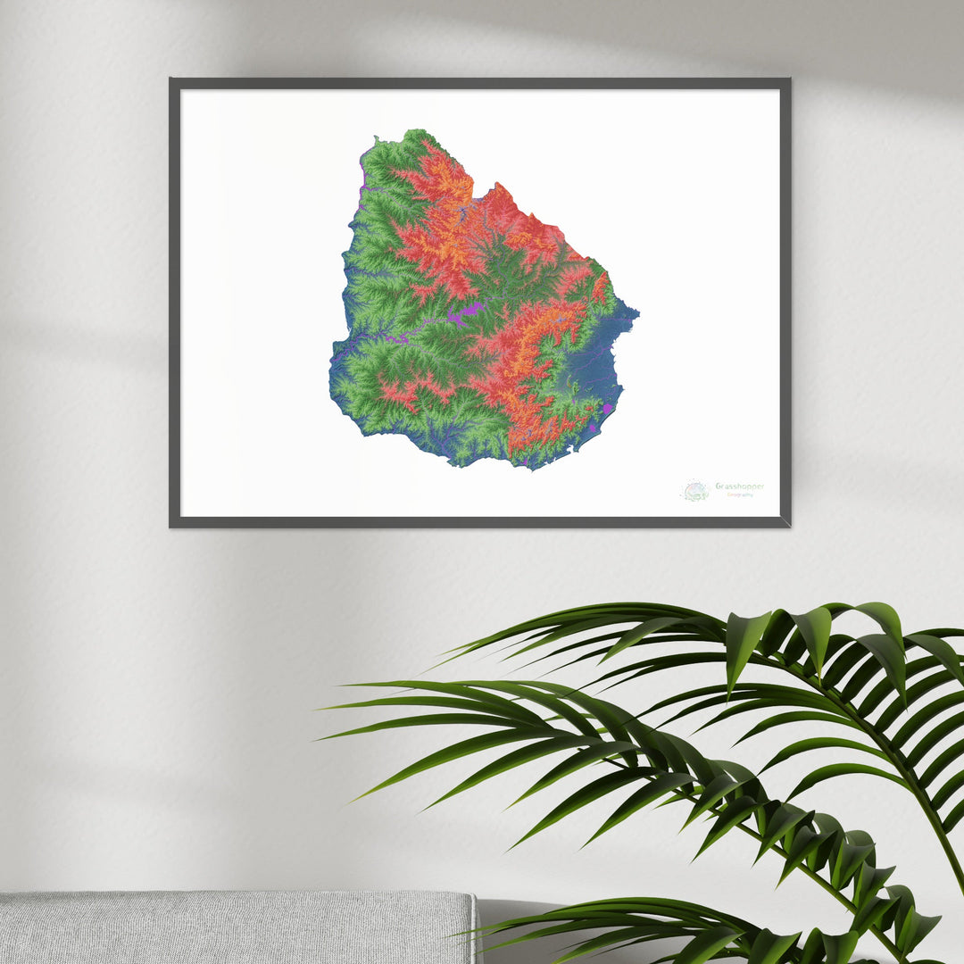 Uruguai - Mapa de elevação, branco - Impressão de belas artes