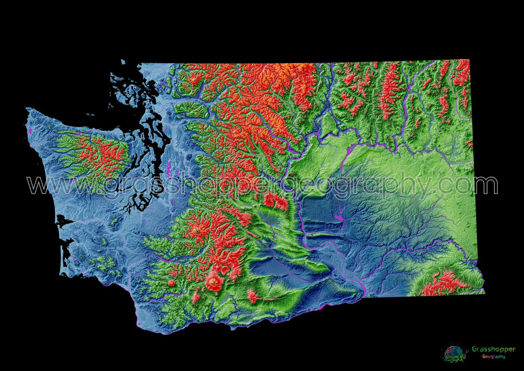 Washington - Mapa de elevação, preto - Impressão de belas artes