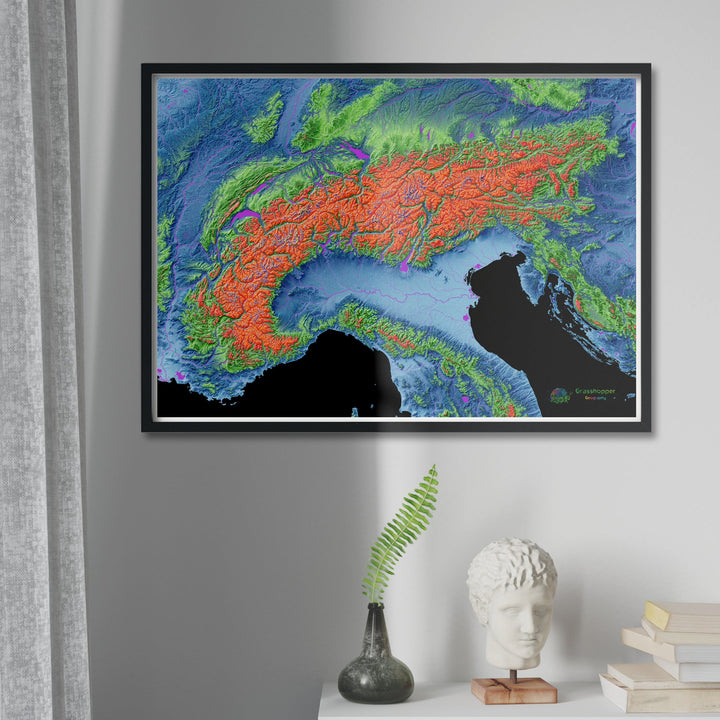 Os Alpes - Mapa de elevação, preto - Impressão de belas artes