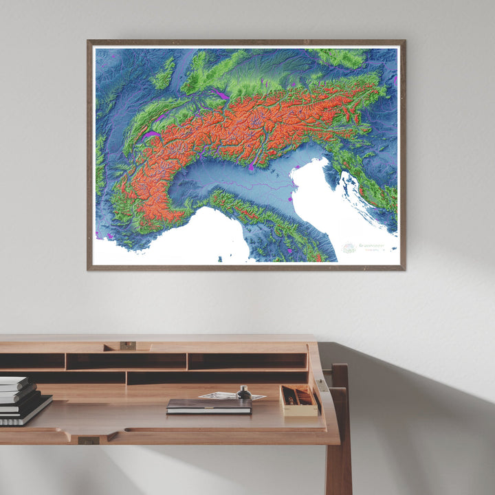 Os Alpes - Mapa de elevação, branco - Impressão de belas artes