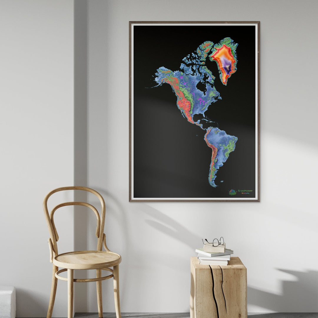 Américas - Mapa de elevação, preto - Impressão de belas artes
