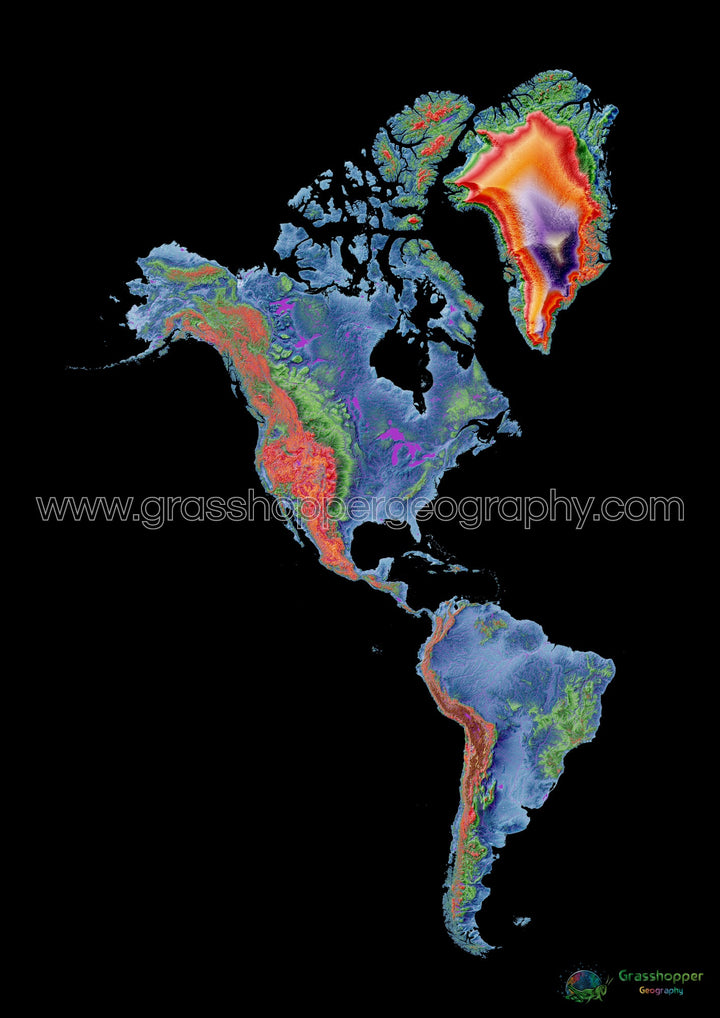 Américas - Mapa de elevação, preto - Impressão de belas artes