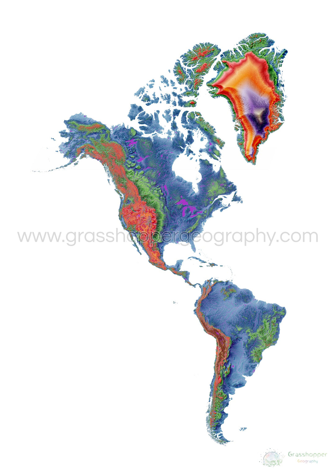 Américas - Mapa de elevação, branco - Impressão de belas artes