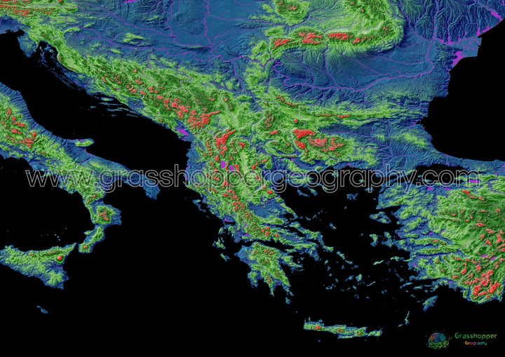 Os Balcãs - Mapa de elevação, preto - Impressão de belas artes