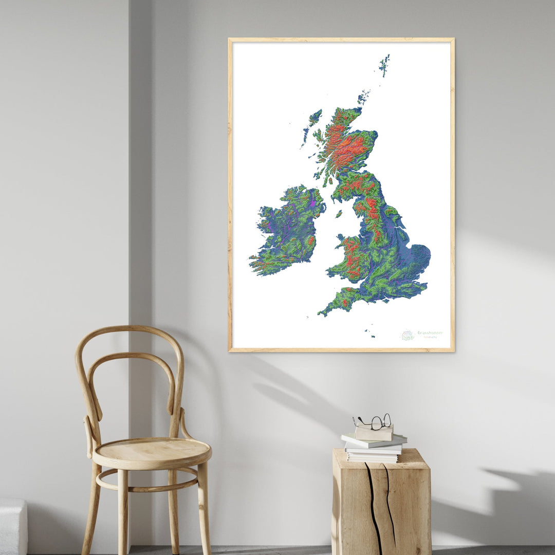 Ilhas Britânicas - Mapa de elevação, branco - Impressão de belas artes