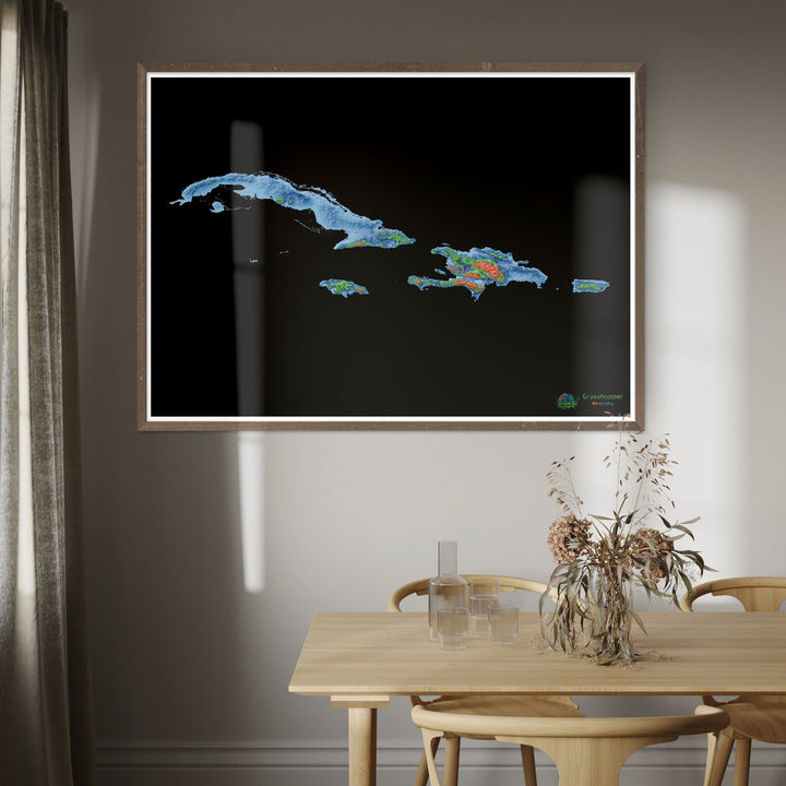 Grandes Antilhas - Mapa de elevação, preto - Impressão de belas artes