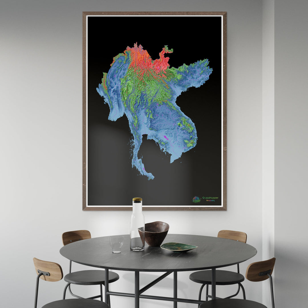 A sub-região do Grande Mekong - Mapa de elevação, preto - Impressão de belas artes