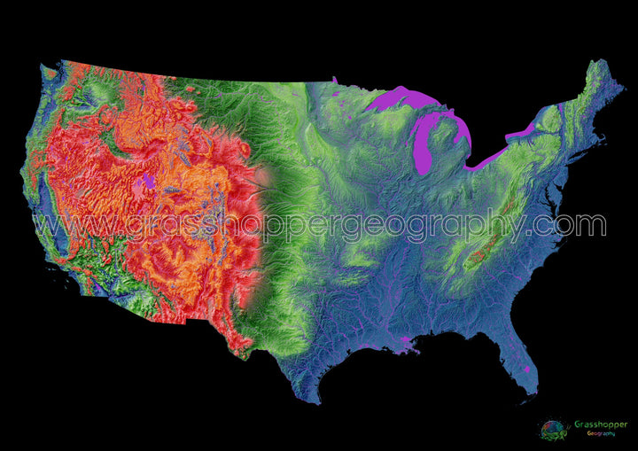 The United States - Elevation map, black - Fine Art Print