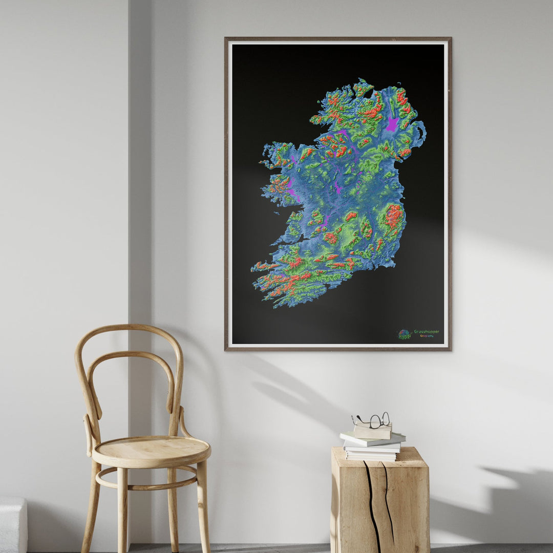 A ilha da Irlanda - Mapa de elevação, preto - Impressão de belas artes