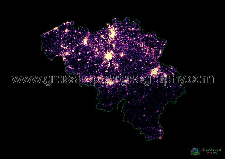 Bélgica - Mapa de calor de densidad de población - Impresión de bellas artes