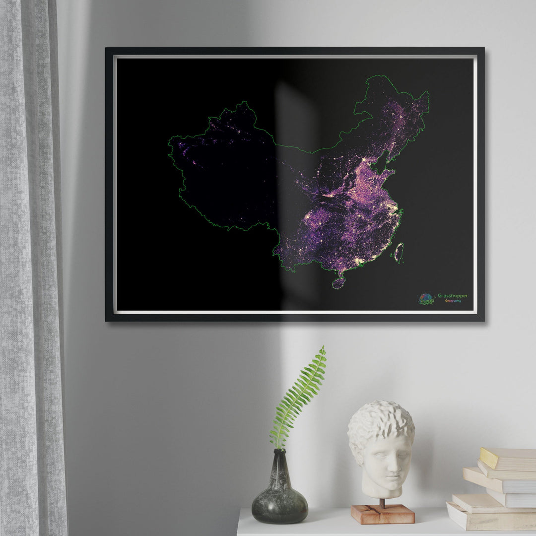 China y Taiwán - Mapa de calor de densidad de población - Impresión de bellas artes