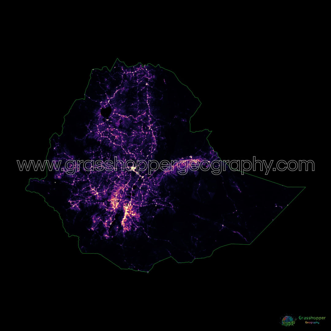 Etiopía - Mapa de calor de densidad de población - Impresión de bellas artes
