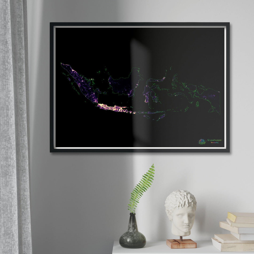 Indonesia - Mapa de calor de densidad de población - Impresión de bellas artes