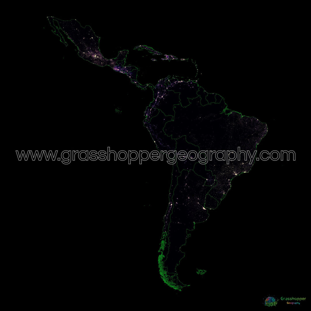 América Latina - Mapa de calor de densidad de población - Impresión de Bellas Artes