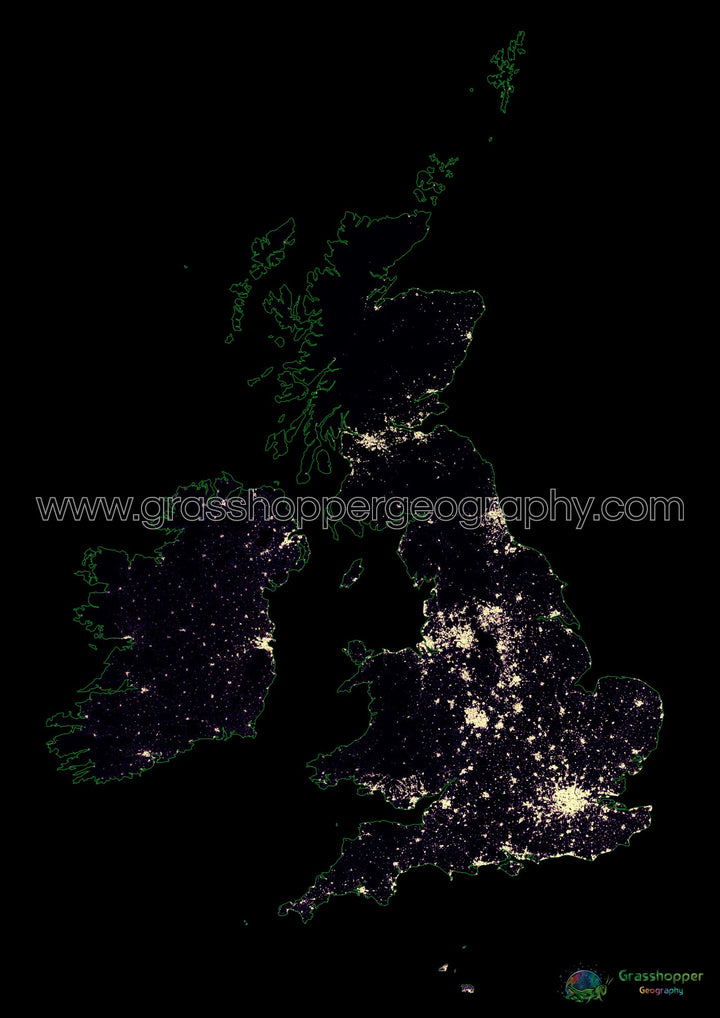 Die Britischen Inseln – Bevölkerungsdichte-Heatmap – Kunstdruck