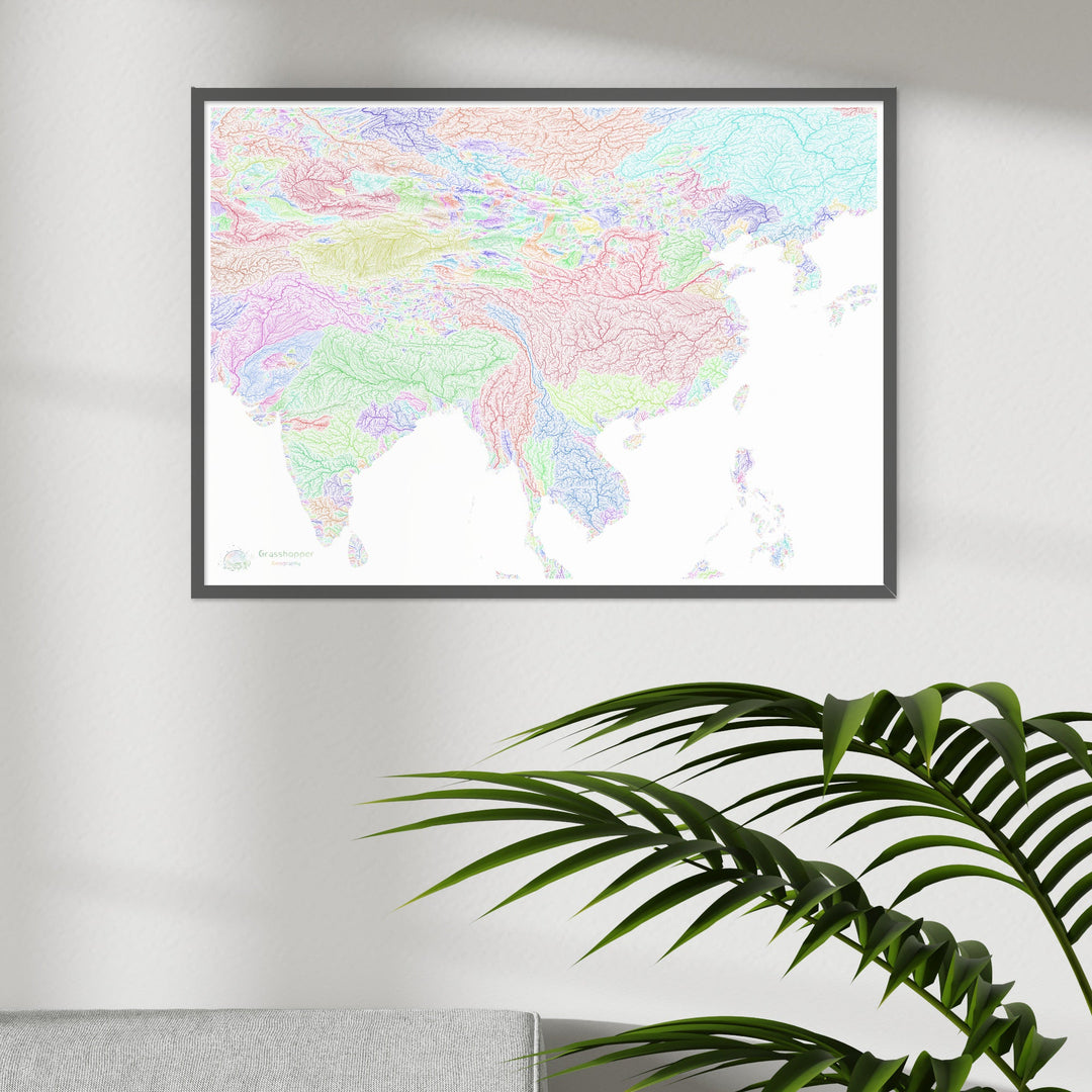 India and China - River basin map, rainbow on white - Fine Art Print