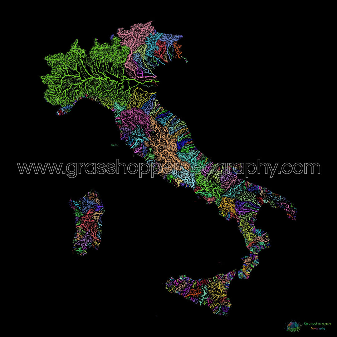 Italy - River basin map, rainbow on black - Fine Art Print