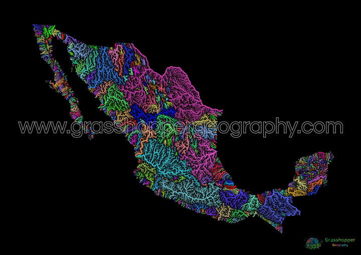 Mexico - River basin map, rainbow on black - Fine Art Print