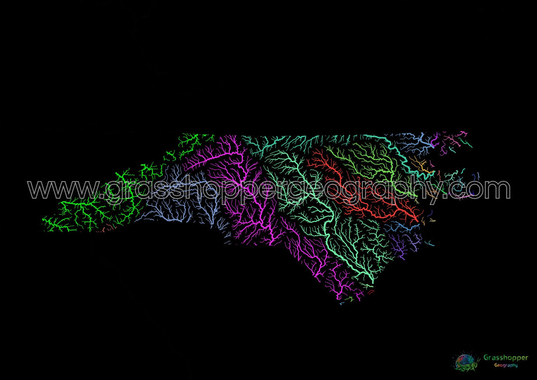 North Carolina - River basin map, rainbow on black - Fine Art Print