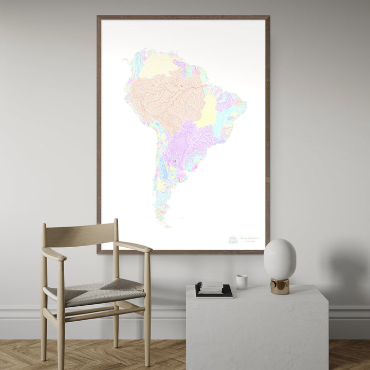 South America - River basin map, pastel on white - Fine Art Print