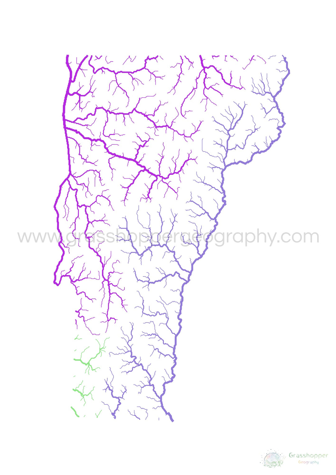 Vermont - River basin map, rainbow on white - Fine Art Print