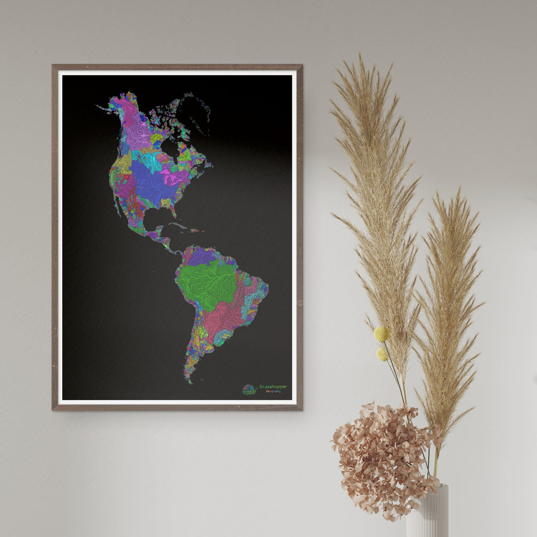 The Americas - River basin map, rainbow on black - Fine Art Print