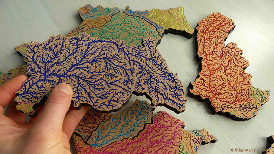 Educational puzzle of French watersheds by NatExplorers from Grasshopper Geography's river basin map